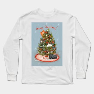 Merry Christmas greeting winter card with cute fluffy cats in red Santa hats and scarves. Long Sleeve T-Shirt